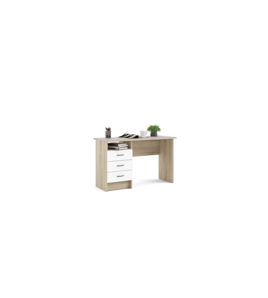 SCRIVANIA IN MDF EFFETTO QUERCIA CON TRE CASSETTI BIANCHI, 72X48X120 CM
